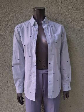 Class Club (El Salvador) Girls Striped Button-Down Shirt with Navy Fish Motif